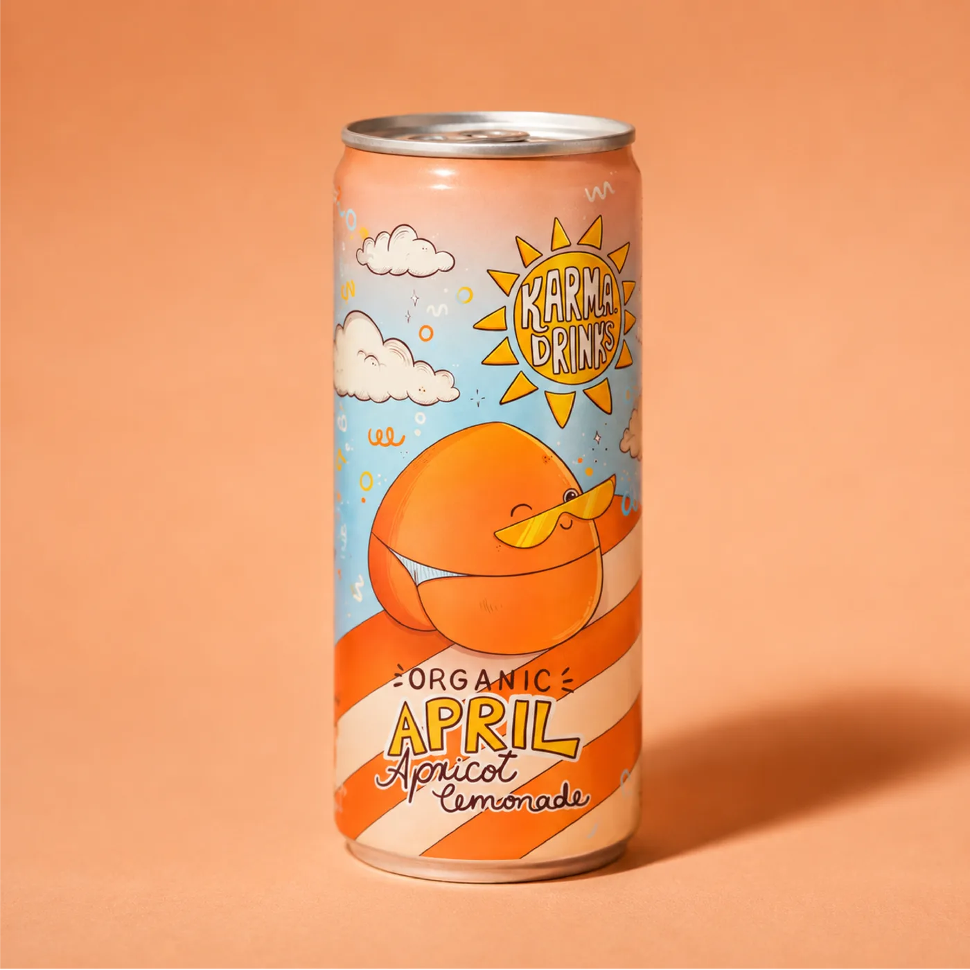 Concept can label, apricot lemonade can wearing sunglasses — illustration by Lizy Del Busto